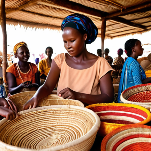 Home 6 ** A vibrant and colorful scene inside a Rwandan crafts market. Focus on intricately woven baskets in various sizes, patterns, and earth-tone colors. Women artisans are visible, showcasing their craftsmanship and interacting with potential buyers.
**