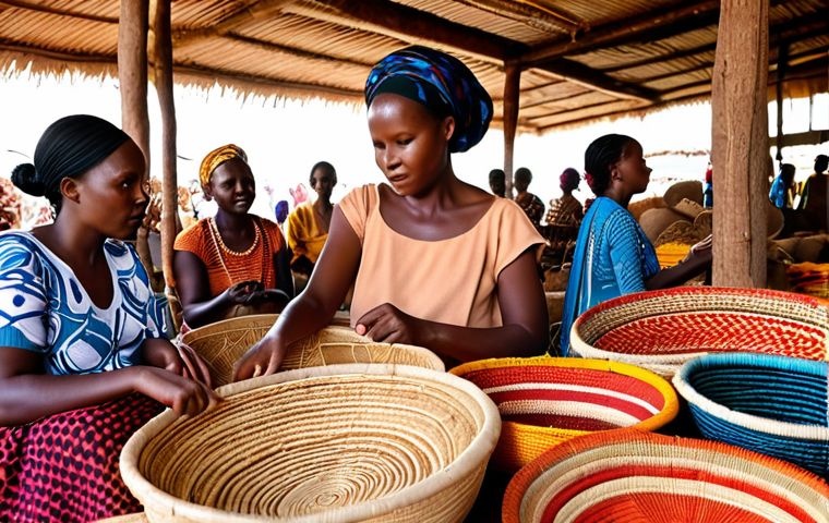 ** A vibrant and colorful scene inside a Rwandan crafts market. Focus on intricately woven baskets in various sizes, patterns, and earth-tone colors. Women artisans are visible, showcasing their craftsmanship and interacting with potential buyers.
**