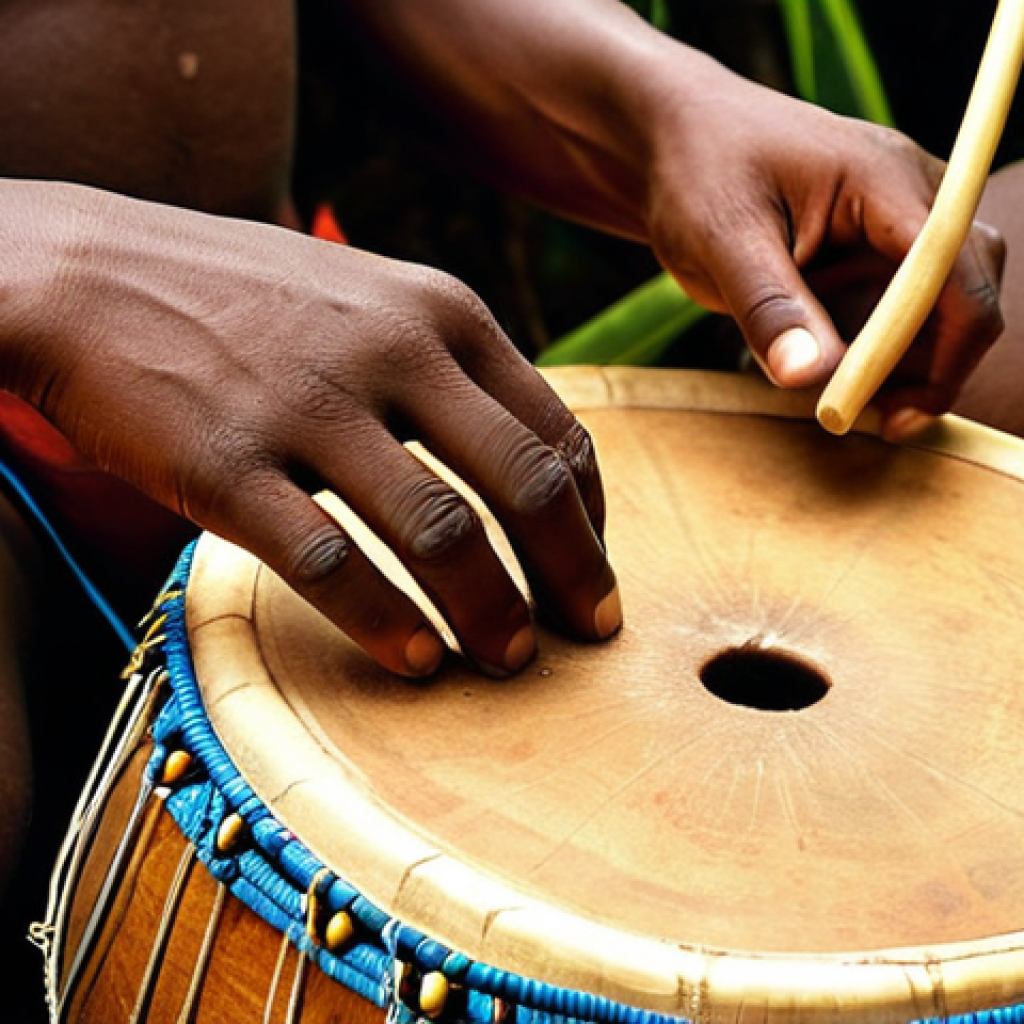 **Vibrant Rwandan Musical Celebration:** A dynamic scene depicting Rwandan musicians playing traditional instruments in a lush, green landscape, perhaps at sunset. Feature prominent Ingoma drummers in traditional attire, deeply engrossed in their powerful rhythms. Include a musician playing the delicate Umuduri with a gourd resonator, and another with the bass-like Ikinimba. Show traditional dancers (Imihamirizo style) in motion, reflecting the energy of the music. The overall atmosphere should be joyful, authentic, and deeply connected to nature and community.