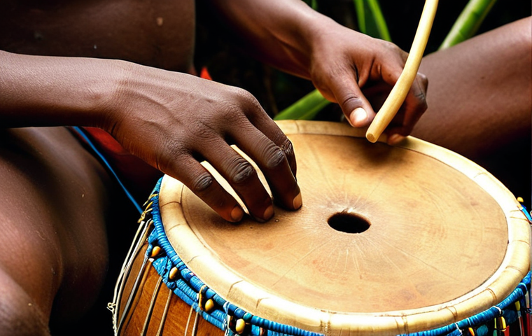 **Vibrant Rwandan Musical Celebration:** A dynamic scene depicting Rwandan musicians playing traditional instruments in a lush, green landscape, perhaps at sunset. Feature prominent Ingoma drummers in traditional attire, deeply engrossed in their powerful rhythms. Include a musician playing the delicate Umuduri with a gourd resonator, and another with the bass-like Ikinimba. Show traditional dancers (Imihamirizo style) in motion, reflecting the energy of the music. The overall atmosphere should be joyful, authentic, and deeply connected to nature and community.