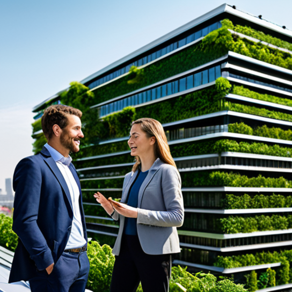 A diverse group of professional individuals, fully clothed in modern, modest business attire, interact within a visionary smart city. The cityscape features sleek, sustainable architecture adorned with lush vertical gardens and rooftop solar panels. Smart transportation systems are visible, and subtle digital interfaces enhance the environment, emphasizing innovation, energy efficiency, and a harmonious balance between technology and nature. Perfect anatomy, correct proportions, natural pose, well-formed hands, proper finger count. Professional photography, high quality, safe for work, appropriate content, family-friendly.