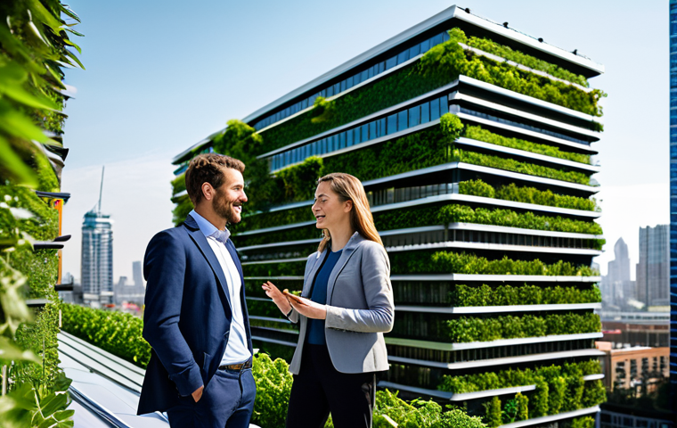 A diverse group of professional individuals, fully clothed in modern, modest business attire, interact within a visionary smart city. The cityscape features sleek, sustainable architecture adorned with lush vertical gardens and rooftop solar panels. Smart transportation systems are visible, and subtle digital interfaces enhance the environment, emphasizing innovation, energy efficiency, and a harmonious balance between technology and nature. Perfect anatomy, correct proportions, natural pose, well-formed hands, proper finger count. Professional photography, high quality, safe for work, appropriate content, family-friendly.