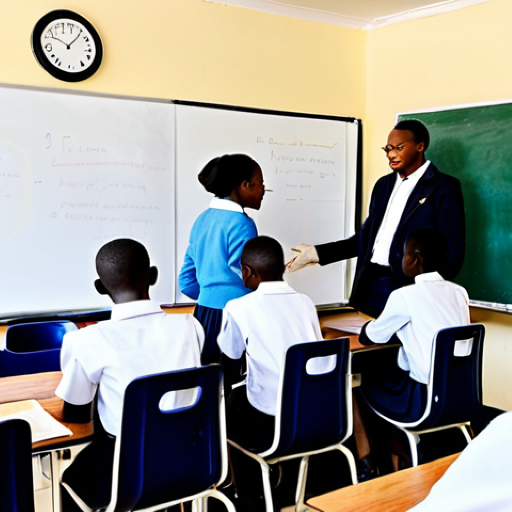 A diverse group of Rwandan students, boys and girls, fully clothed in modest school uniforms, actively engaged in a bright, modern classroom. They are seated at clean desks, participating in a collaborative learning activity. A female teacher, professionally dressed in appropriate attire, stands near a whiteboard, facilitating a discussion on history and reconciliation. The students are interacting respectfully, showcasing teamwork and thoughtful expression. The background is clean and conducive to learning. This image conveys a safe for work, appropriate content, family-friendly atmosphere of education and hope for the future. Perfect anatomy, correct proportions, natural pose, well-formed hands, proper finger count, natural body proportions, professional photography, high quality, professional dress.