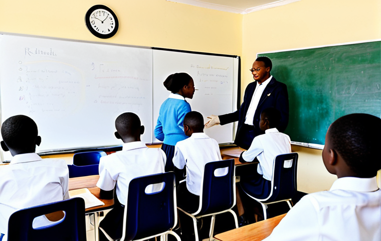 A diverse group of Rwandan students, boys and girls, fully clothed in modest school uniforms, actively engaged in a bright, modern classroom. They are seated at clean desks, participating in a collaborative learning activity. A female teacher, professionally dressed in appropriate attire, stands near a whiteboard, facilitating a discussion on history and reconciliation. The students are interacting respectfully, showcasing teamwork and thoughtful expression. The background is clean and conducive to learning. This image conveys a safe for work, appropriate content, family-friendly atmosphere of education and hope for the future. Perfect anatomy, correct proportions, natural pose, well-formed hands, proper finger count, natural body proportions, professional photography, high quality, professional dress.