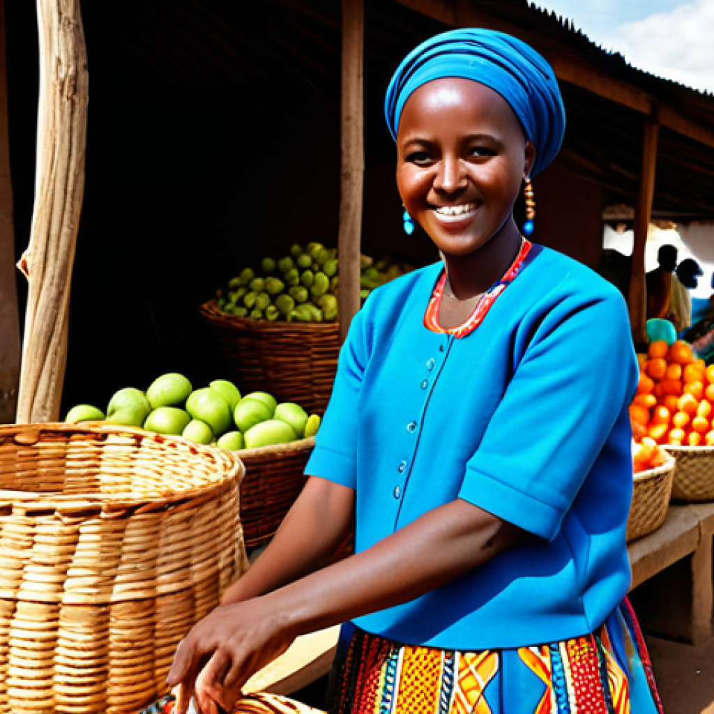 A warm and inviting Rwandan woman, dressed in vibrant, modest traditional Rwandan attire, fully clothed. She stands in a bustling, sun-drenched village market, surrounded by colorful woven baskets filled with fresh, organic produce. Her hands are naturally posed, gently holding a basket, and she offers a sincere, gentle smile directly to the viewer, embodying authentic hospitality. Professional photography, high detail, natural light, realistic, perfect anatomy, correct proportions, well-formed hands, proper finger count, natural body proportions. safe for work, appropriate content, family-friendly.