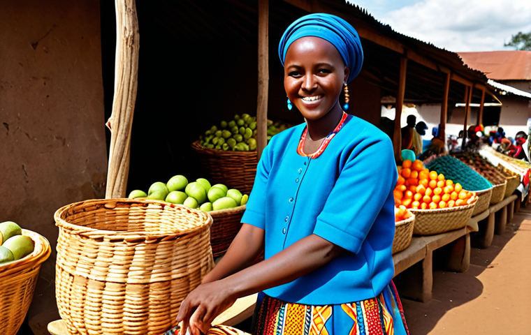 A warm and inviting Rwandan woman, dressed in vibrant, modest traditional Rwandan attire, fully clothed. She stands in a bustling, sun-drenched village market, surrounded by colorful woven baskets filled with fresh, organic produce. Her hands are naturally posed, gently holding a basket, and she offers a sincere, gentle smile directly to the viewer, embodying authentic hospitality. Professional photography, high detail, natural light, realistic, perfect anatomy, correct proportions, well-formed hands, proper finger count, natural body proportions. safe for work, appropriate content, family-friendly.