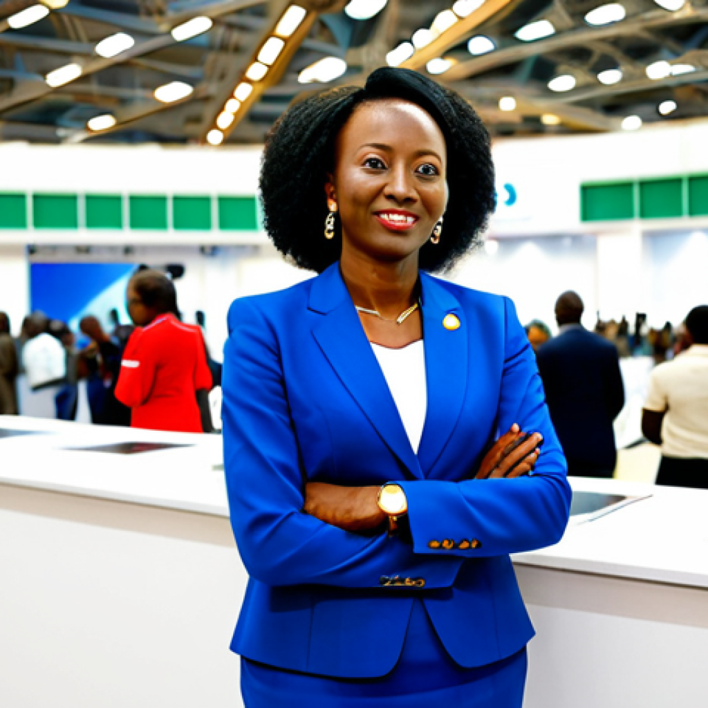 A professional Rwandan businesswoman in a modest, modern business suit, standing confidently in a bustling international trade exhibition hall in Kigali. Diverse, fully clothed individuals are visible in the background. The setting features sleek architectural designs and subtle branding reflecting the East African Community (EAC) and African Continental Free Trade Area (AfCFTA) initiatives. Her natural pose conveys leadership and engagement. The image emphasizes economic growth and regional cooperation, captured with perfect anatomy, correct proportions, well-formed hands, and proper finger count. High-resolution professional photography, natural lighting, optimistic atmosphere, safe for work, appropriate content, fully clothed, professional, family-friendly.