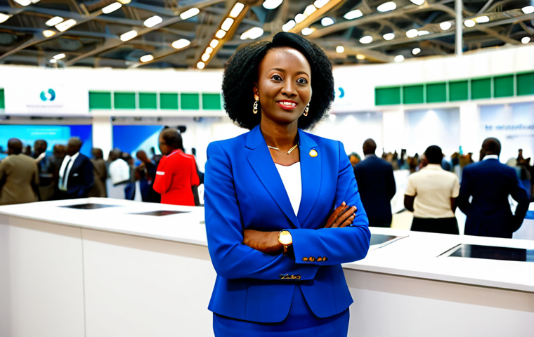 A professional Rwandan businesswoman in a modest, modern business suit, standing confidently in a bustling international trade exhibition hall in Kigali. Diverse, fully clothed individuals are visible in the background. The setting features sleek architectural designs and subtle branding reflecting the East African Community (EAC) and African Continental Free Trade Area (AfCFTA) initiatives. Her natural pose conveys leadership and engagement. The image emphasizes economic growth and regional cooperation, captured with perfect anatomy, correct proportions, well-formed hands, and proper finger count. High-resolution professional photography, natural lighting, optimistic atmosphere, safe for work, appropriate content, fully clothed, professional, family-friendly.