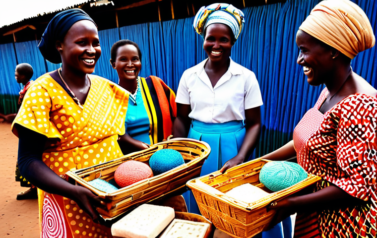 Empowering Rwandan Women Entrepreneurs**

"A group of Rwandan women in a vibrant marketplace, displaying their handcrafted goods (baskets, fabrics, soaps). They are all smiling and engaging with potential customers. The market is bustling with activity, showcasing the energy of local commerce. Everyone is fully clothed in colorful, traditional Rwandan attire. Safe for work, appropriate content, family-friendly, professional photography, perfect anatomy, natural proportions, modest clothing."

**