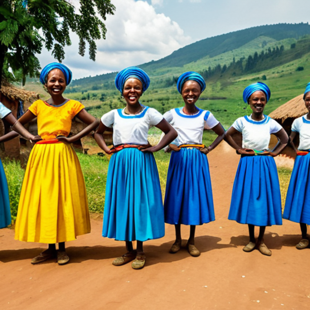 **

"A vibrant scene of Rwandan dancers in traditional dress, fully clothed, performing a cultural dance in a rural village setting, safe for work, appropriate content, professional, perfect anatomy, correct proportions, natural pose, well-formed hands, proper finger count, natural body proportions, bright and colorful, family-friendly."

**