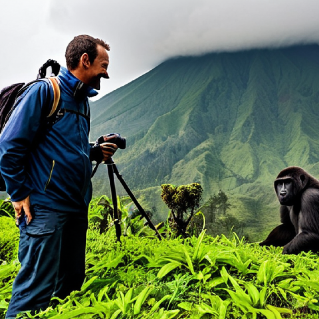 Gorilla Trekking in Volcanoes National Park**

"A professional photographer capturing a family of mountain gorillas in their natural habitat within Volcanoes National Park, Rwanda. The gorillas are healthy and well-groomed. The scene includes lush green vegetation and mist-covered volcanic peaks in the background.  Fully clothed tourists with professional guide are observing at a safe distance. Perfect anatomy, correct proportions, natural pose, well-formed hands, proper finger count, natural body proportions, appropriate attire, safe for work, family-friendly, professional photography, high quality."

**