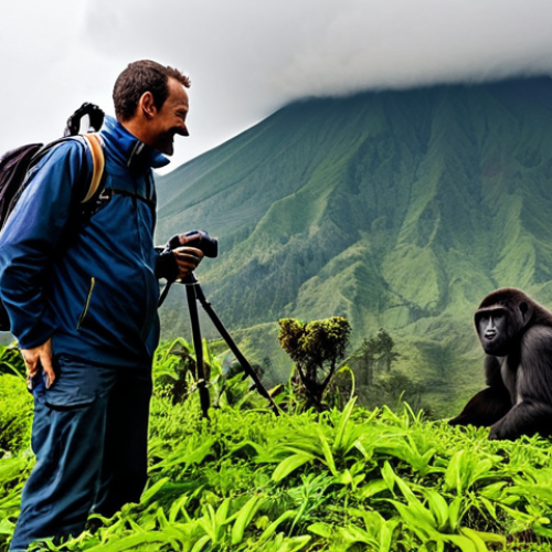 Gorilla Trekking in Volcanoes National Park**

"A professional photographer capturing a family of mountain gorillas in their natural habitat within Volcanoes National Park, Rwanda. The gorillas are healthy and well-groomed. The scene includes lush green vegetation and mist-covered volcanic peaks in the background.  Fully clothed tourists with professional guide are observing at a safe distance. Perfect anatomy, correct proportions, natural pose, well-formed hands, proper finger count, natural body proportions, appropriate attire, safe for work, family-friendly, professional photography, high quality."

**