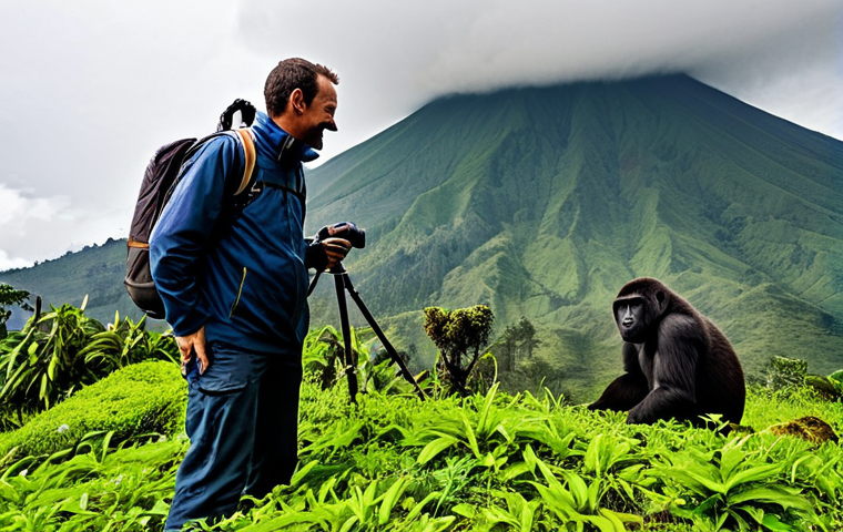 Gorilla Trekking in Volcanoes National Park**
"A professional photographer capturing a family of mountain gorillas in their natural habitat within Volcanoes National Park, Rwanda. The gorillas are healthy and well-groomed. The scene includes lush green vegetation and mist-covered volcanic peaks in the background. Fully clothed tourists with professional guide are observing at a safe distance. Perfect anatomy, correct proportions, natural pose, well-formed hands, proper finger count, natural body proportions, appropriate attire, safe for work, family-friendly, professional photography, high quality."
**