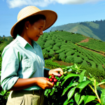 Coffee Plantation Scene**

"A professional female agronomist, fully clothed in practical field attire (khaki pants, button-down shirt, sun hat), inspecting coffee plants on a lush, green hillside plantation in Rwanda. The scene is bathed in warm, natural sunlight. Rolling hills covered with coffee bushes stretch into the distance. Workers are carefully hand-picking coffee cherries in the background. Focus on the agronomist's attentive expression. Appropriate attire, safe for work, professional photography, perfect anatomy, natural proportions, well-formed hands, proper finger count, family-friendly."

**