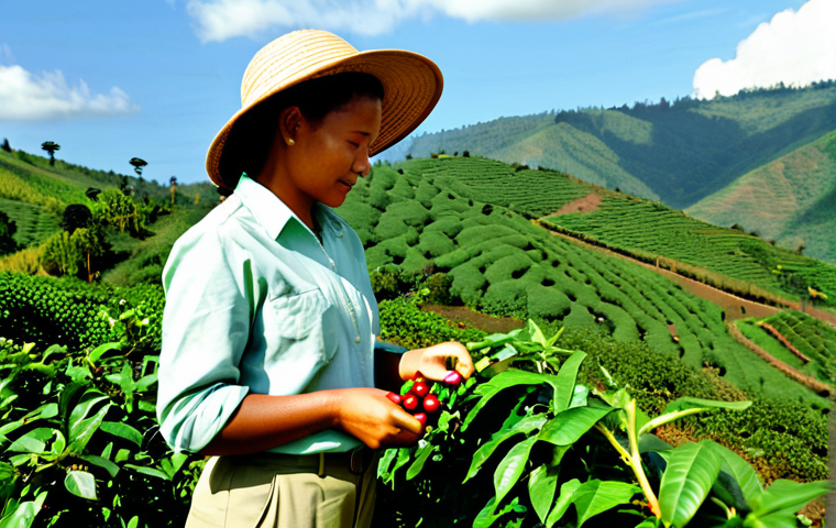 Coffee Plantation Scene**

"A professional female agronomist, fully clothed in practical field attire (khaki pants, button-down shirt, sun hat), inspecting coffee plants on a lush, green hillside plantation in Rwanda. The scene is bathed in warm, natural sunlight. Rolling hills covered with coffee bushes stretch into the distance. Workers are carefully hand-picking coffee cherries in the background. Focus on the agronomist's attentive expression. Appropriate attire, safe for work, professional photography, perfect anatomy, natural proportions, well-formed hands, proper finger count, family-friendly."

**