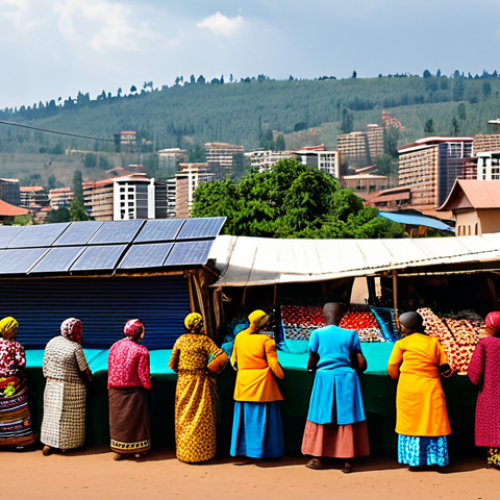 Modern Kigali Trade Hub**

"A bustling marketplace scene in Kigali, Rwanda, featuring vendors in colorful, modest clothing selling locally sourced coffee beans and vibrant fabrics. Background shows modern buildings and solar panels.  Perfect anatomy, correct proportions, natural pose. Safe for work, appropriate content, fully clothed, professional, family-friendly, high quality, professional photography."

**