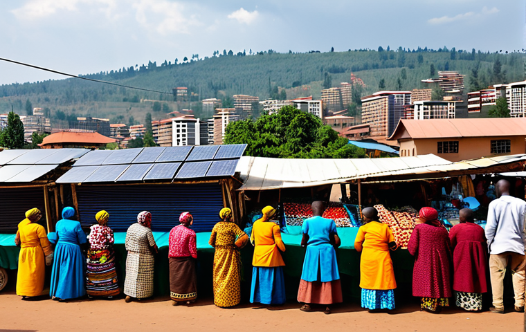 Modern Kigali Trade Hub**

"A bustling marketplace scene in Kigali, Rwanda, featuring vendors in colorful, modest clothing selling locally sourced coffee beans and vibrant fabrics. Background shows modern buildings and solar panels.  Perfect anatomy, correct proportions, natural pose. Safe for work, appropriate content, fully clothed, professional, family-friendly, high quality, professional photography."

**