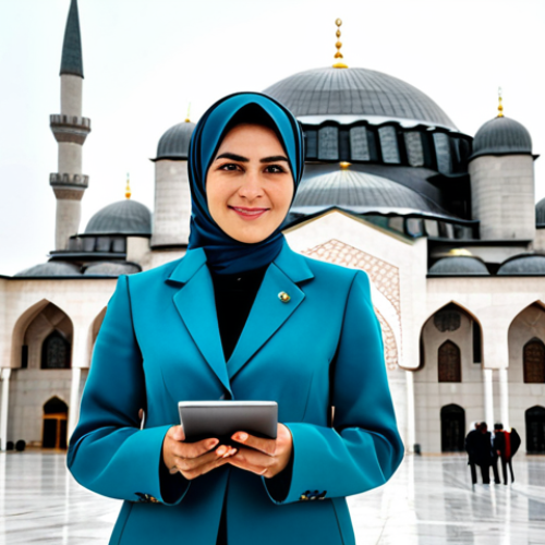 **

A professional businesswoman in Ankara, Turkey, wearing a tailored, modest business suit in a vibrant, modern design, standing confidently in front of the Kocatepe Mosque.  She is fully clothed in appropriate attire, holding a tablet displaying financial data. Safe for work, perfect anatomy, correct proportions, natural pose, professional photography, high quality, family-friendly.

**