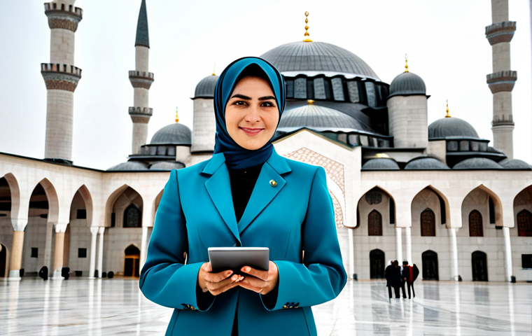**

A professional businesswoman in Ankara, Turkey, wearing a tailored, modest business suit in a vibrant, modern design, standing confidently in front of the Kocatepe Mosque.  She is fully clothed in appropriate attire, holding a tablet displaying financial data. Safe for work, perfect anatomy, correct proportions, natural pose, professional photography, high quality, family-friendly.

**